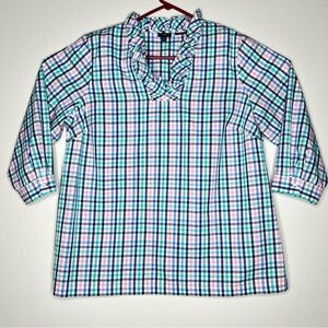 Talbots Tartan Plaid Blue & Pink Ruffle Trim Non-Iron Tunic Shirts Women’s 16W